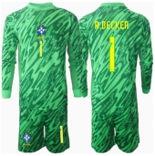 Billige Brasilien Alisson Becker #1 Målmand Hjemmebanetrøje Børn Copa America 2024 Lange ærmer (+ bukser)
