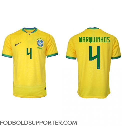 Billige Brasilien Marquinhos #4 Hjemmebanetrøje VM 2022 Kort ærmer